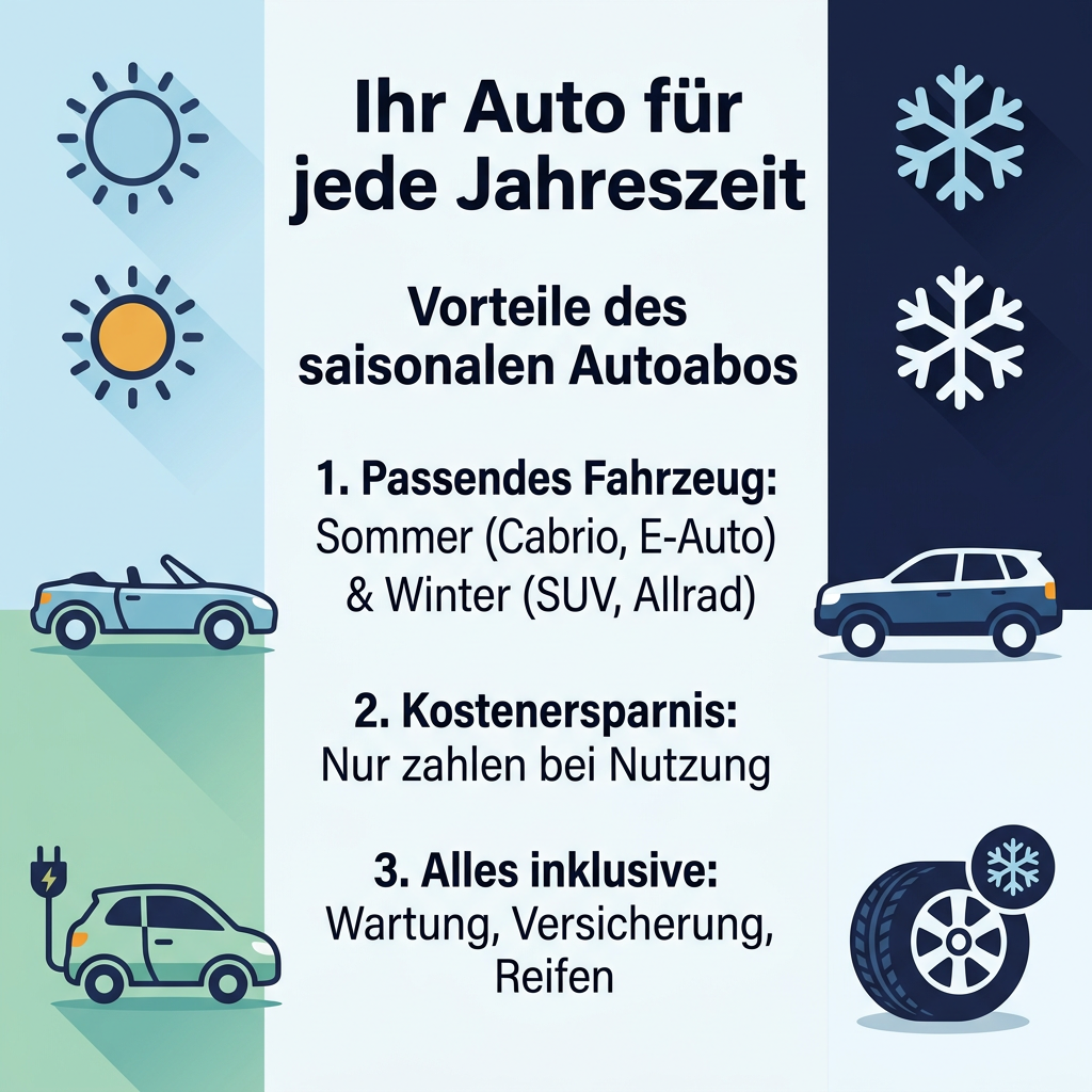Infografik über die Vorteile eines saisonalen Autoabos für Sommer- und Wintermonate, inklusive passender Fahrzeugtypen und Kosteneinsparungen.