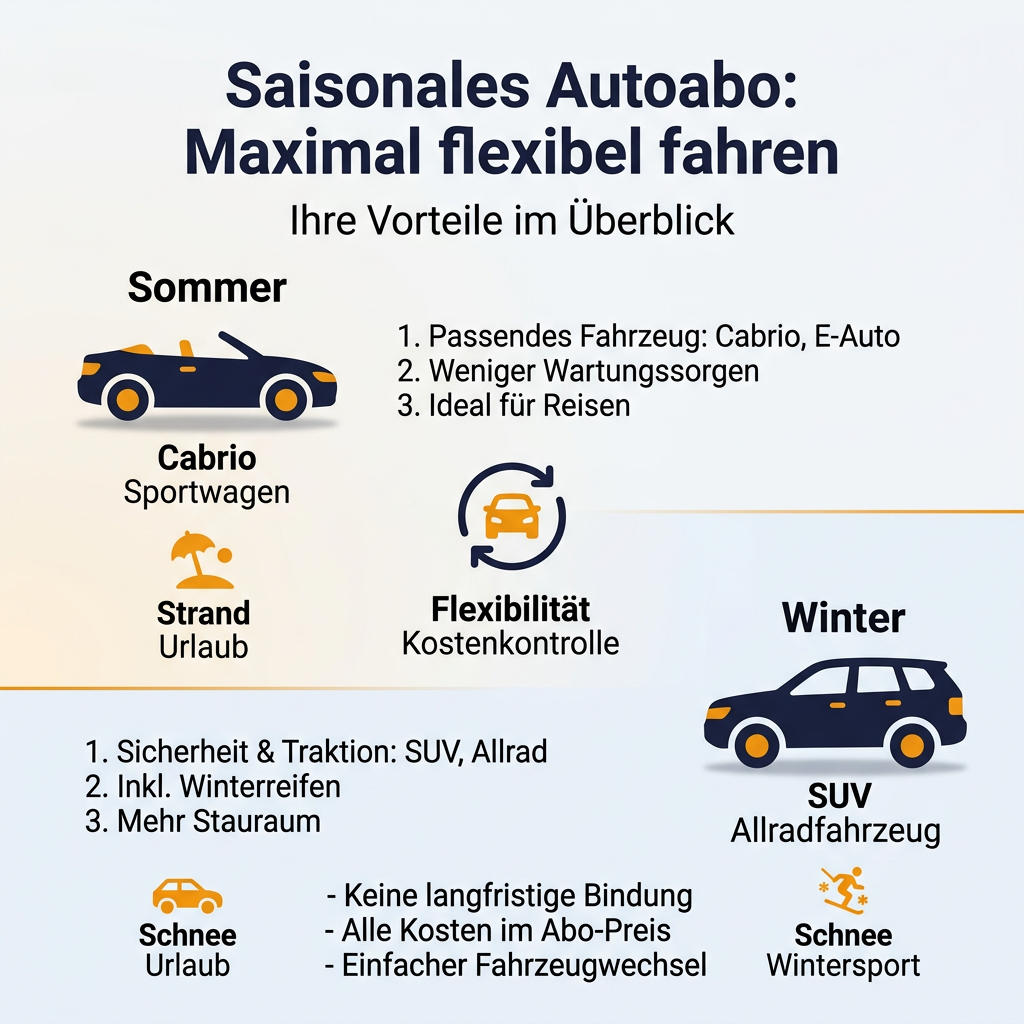 Infografik zum saisonalen Autoabo mit Vorteilen für Sommer und Winter, inklusive Flexibilität und Kostenkontrolle.