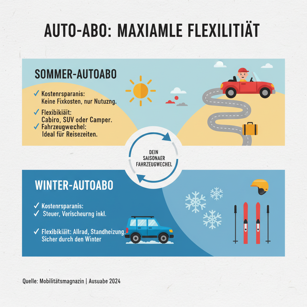Infografik: Die Vorteile eines saisonalen Autoabos für Sommer- und Wintermonate, mit Sommerauto- und Winterauto-Symbolen.