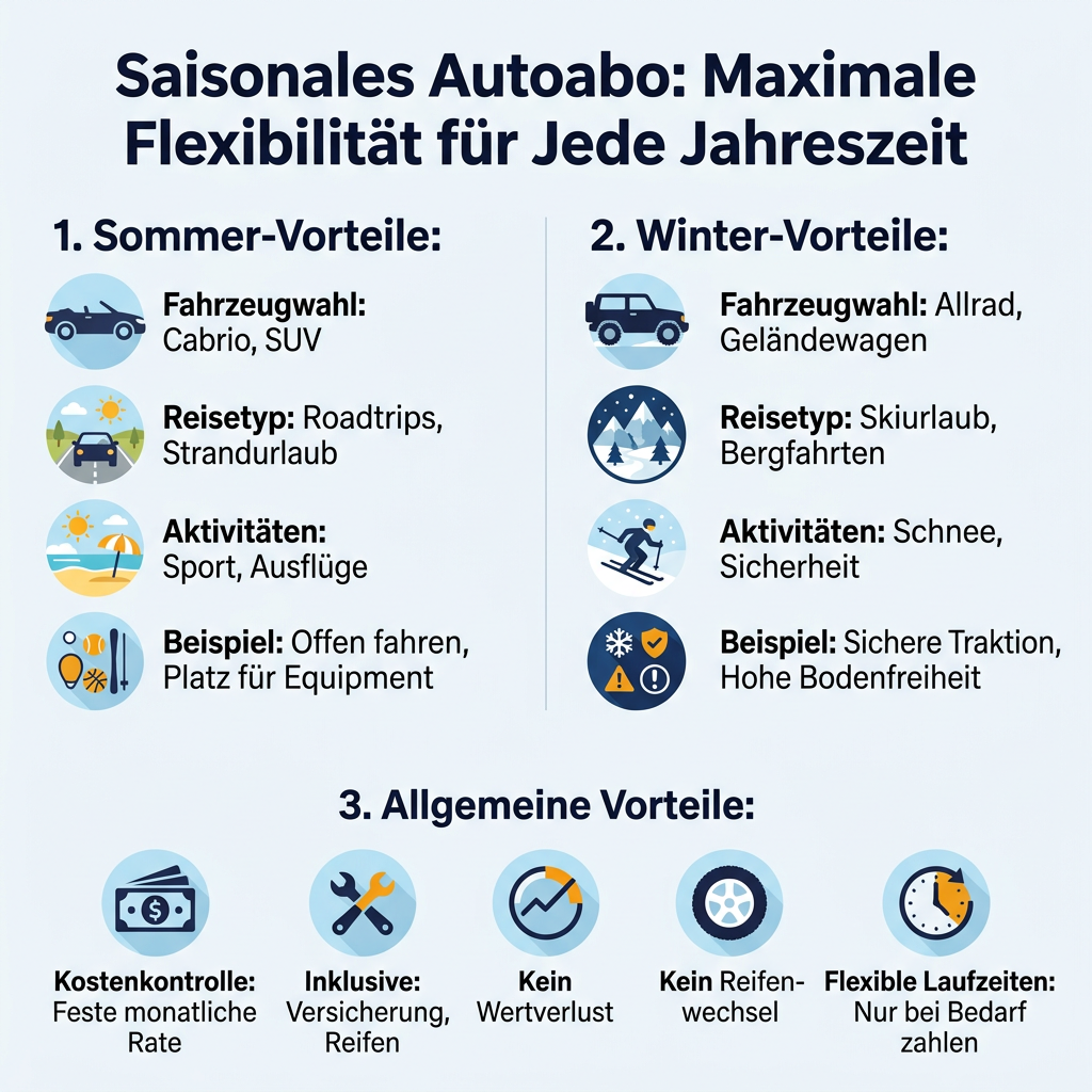 Infografik: Vorteile eines saisonalen Autoabos mit speziellem Fokus auf Sommer- und Wintermobilität sowie allgemeine finanzielle Aspekte und Inklusivleistungen.