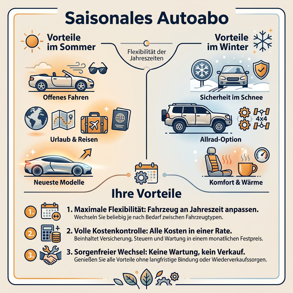 Infografik über die Vorteile eines saisonalen Autoabos, mit Hervorhebung von Flexibilität im Sommer (Cabrio, Reisen) und Sicherheit im Winter (SUV, Allrad) sowie Kostenkontrolle.