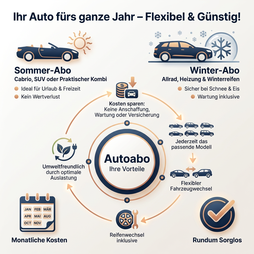 Infografik zum saisonalen Autoabo, die die Merkmale und Vorteile für Sommer- und Wintermonate darstellt – inklusive Kostenersparnis, Flexibilität und Inklusivleistungen wie Wartung und Reifenwechsel.