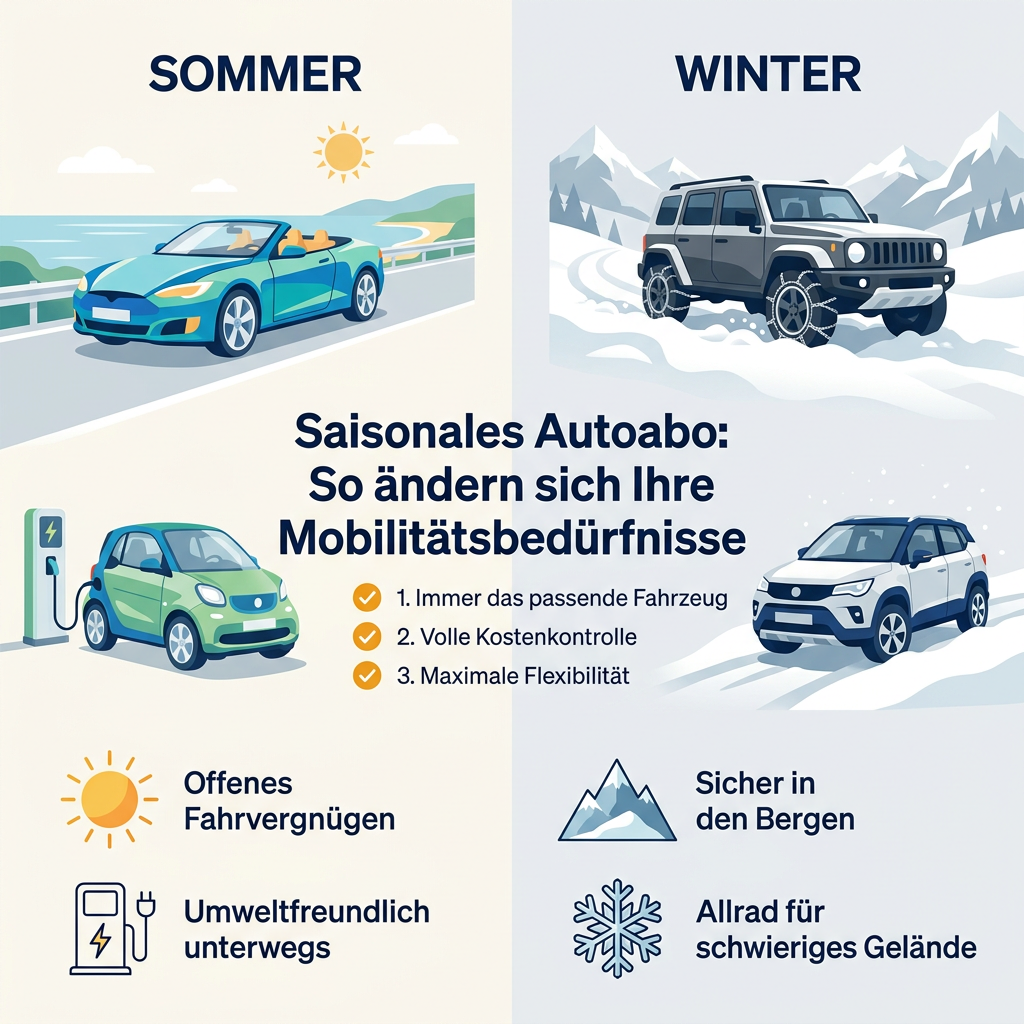 Infografik zum saisonalen Autoabo, die die Vorteile und passenden Fahrzeugtypen für Sommer wie Cabrio und E-Auto und Winter wie SUV und Allradfahrzeuge darstellt, mit Fokus auf Flexibilität und Kostenkontrolle.