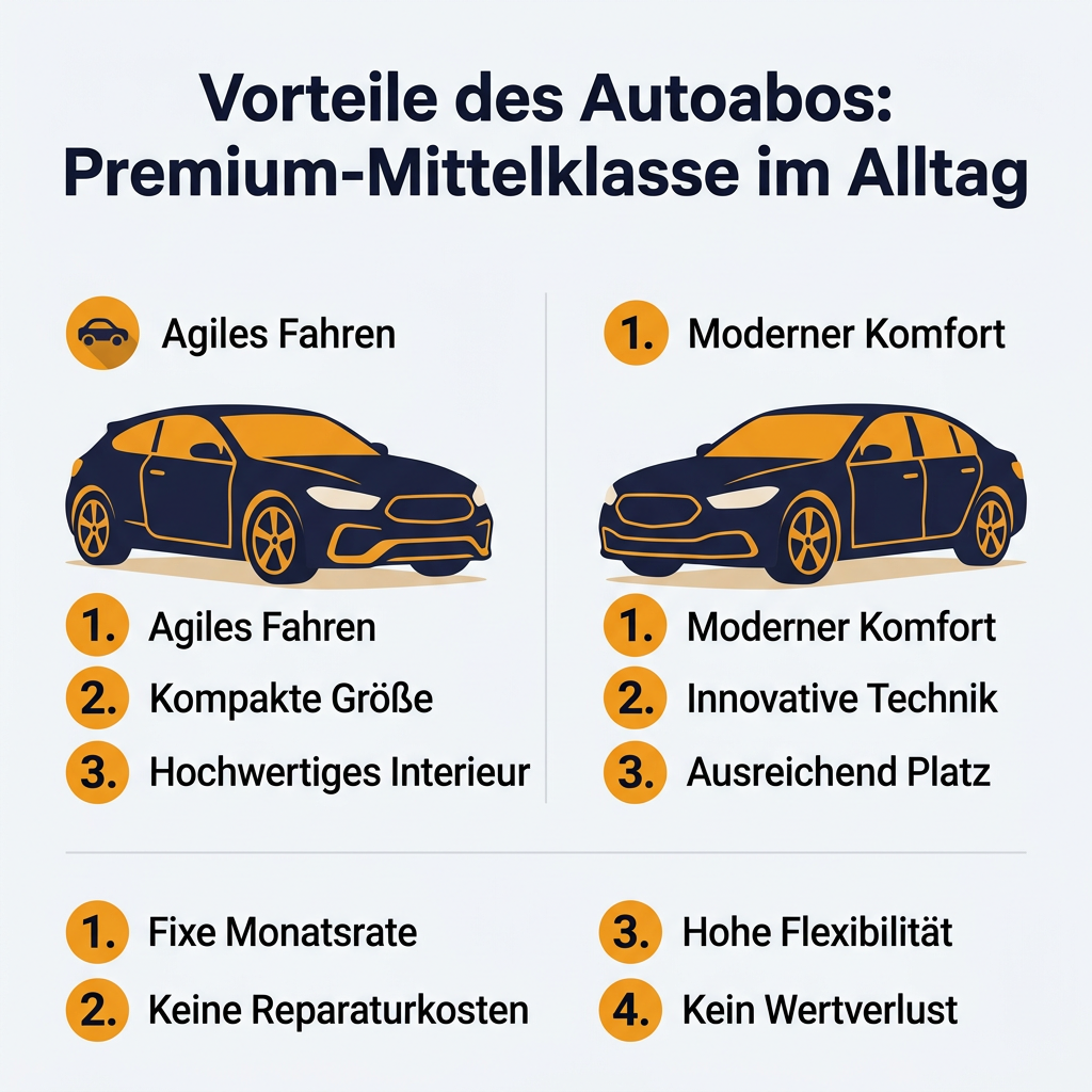 Infografik: Vorteile des Autoabos von Premium-Mittelklasse-Fahrzeugen im Alltag, mit Fokus auf flexible Mobilität, Fixkosten und Technik.