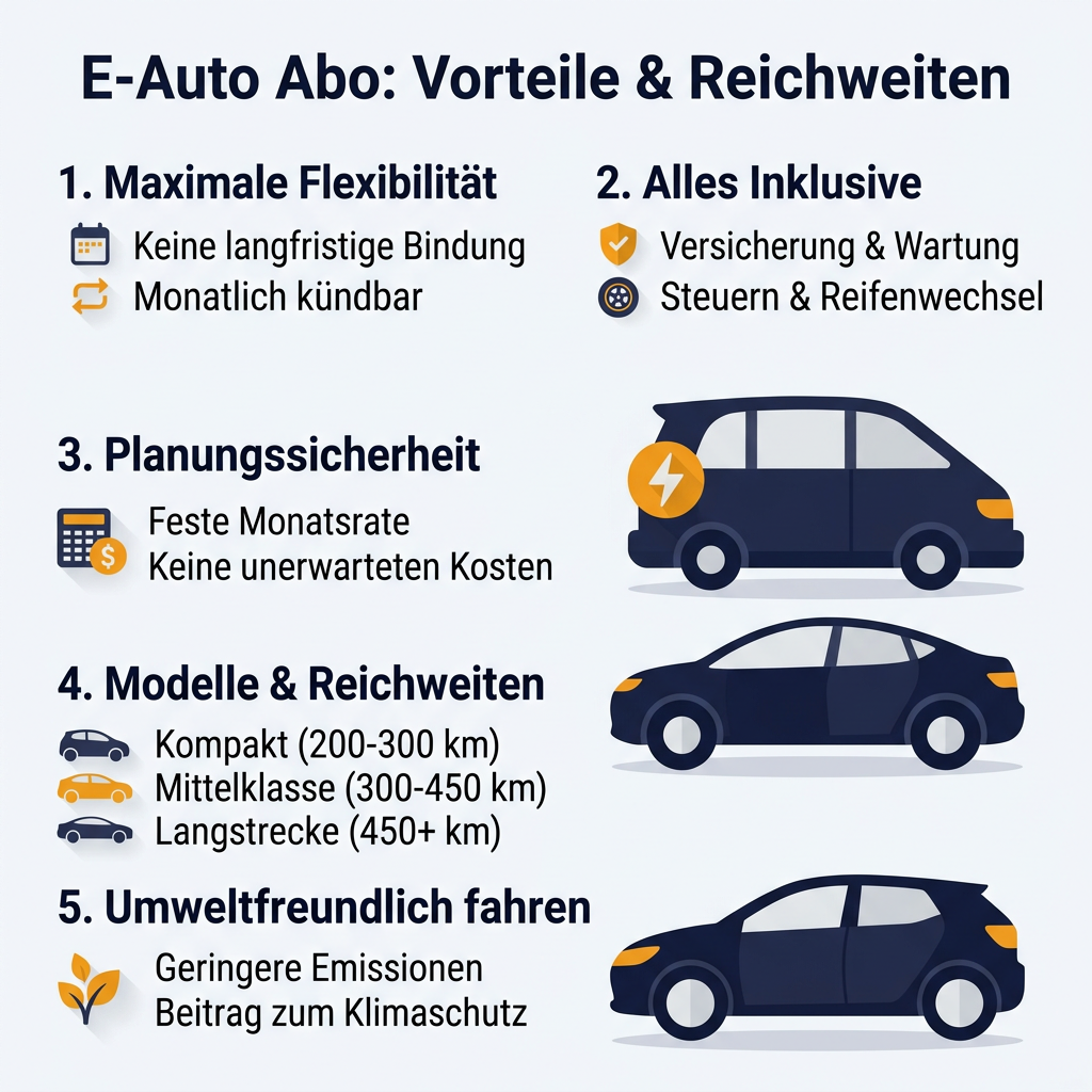 Infografik: Vorteile und Reichweiten von Elektroautos im Autoabo, inklusive Flexibilität, All-inclusive-Leistungen, Planungssicherheit und verschiedenen Reichweitenkategorien.