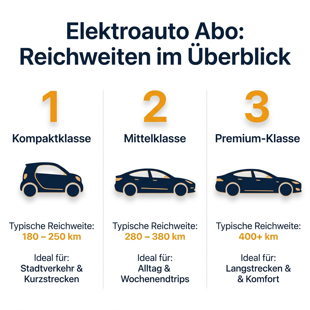 Infografik über Elektroauto-Reichweiten in verschiedenen Fahrzeugklassen im Autoabo: Kompaktklasse (180-250 km), Mittelklasse (280-380 km), Premium-Klasse (400+ km).