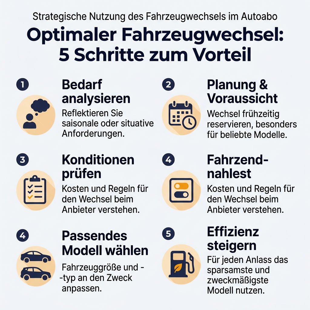 Infografik zur optimalen Nutzung des Autoabo-Fahrzeugwechsels, mit Tipps zu Bedarfsanalyse, Planung, Konditionenprüfung, Modellwahl und Effizienzsteigerung.
