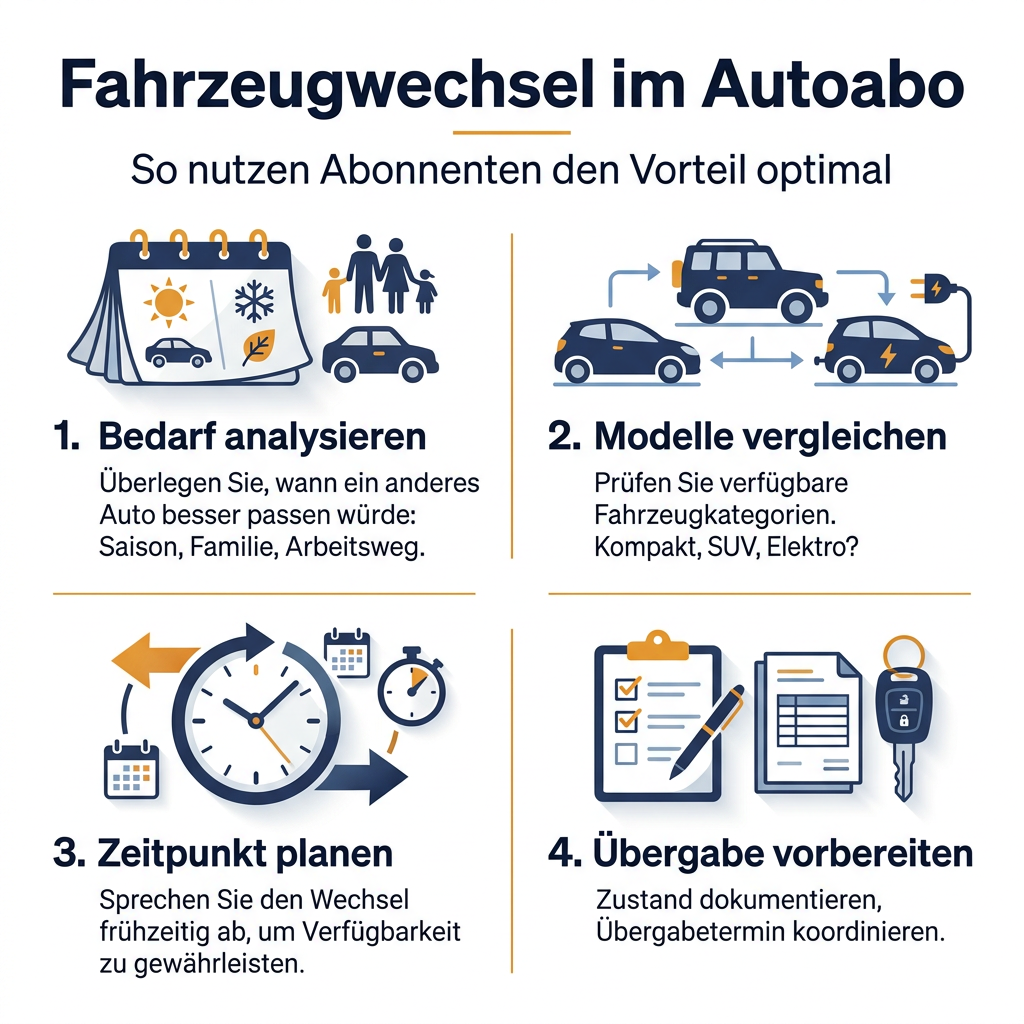 Infografik zum Thema: Fahrzeugwechsel im Autoabo optimal nutzen, mit Tipps zur Bedarfsanalyse, Modellvergleich, Zeitplanung und Übergabevorbereitung, zur Maximierung der Flexibilität und Mobilität.