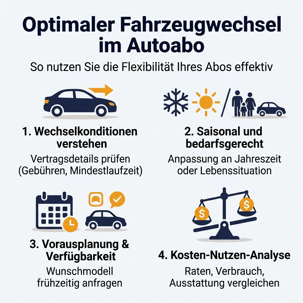 Infografik: Optimaler Fahrzeugwechsel im Autoabo Infografik zum optimalen Fahrzeugwechsel im Autoabo, zeigt Tipps zur Nutzung der Flexibilität von Autoabos und zur Planung von Modellwechseln.