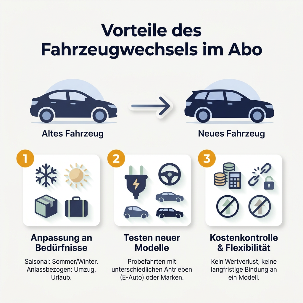 Infografik: Die Vorteile des Fahrzeugwechsels im Autoabo, mit Fokus auf Anpassungsfähigkeit, Modelltests und Kostenkontrolle.