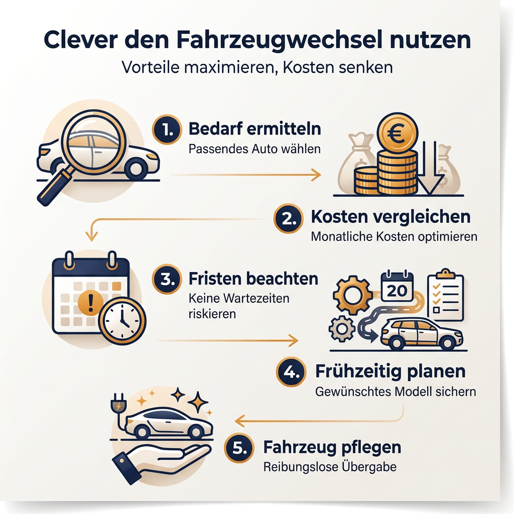 Infografik zum optimalen Nutzen des Fahrzeugwechsels im Autoabo, mit Tipps zur Kostenoptimierung und Flexibilität.
