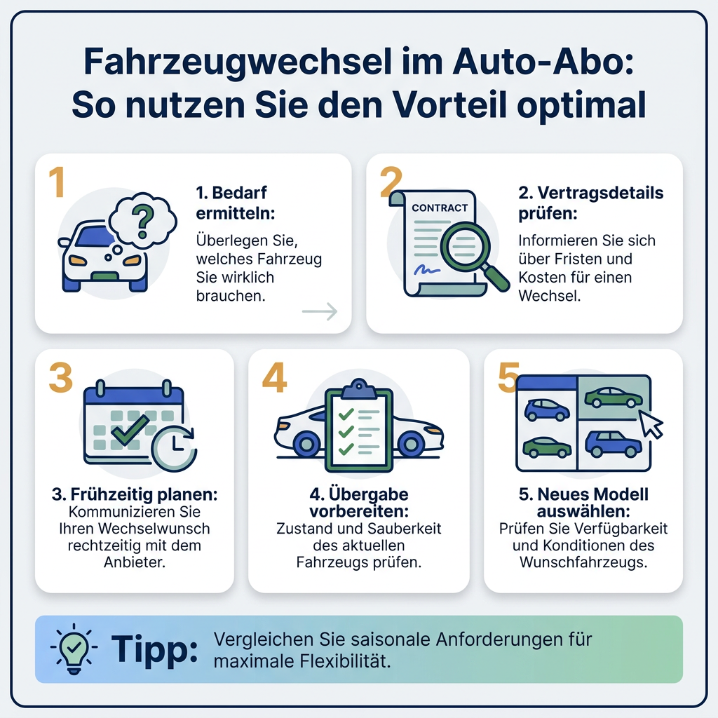 Infografik zum optimalen Fahrzeugwechsel im Auto-Abo, mit Tipps zur Bedarfsermittlung, Vertragsprüfung und Planung für Sixt+ und ähnliche Anbieter.