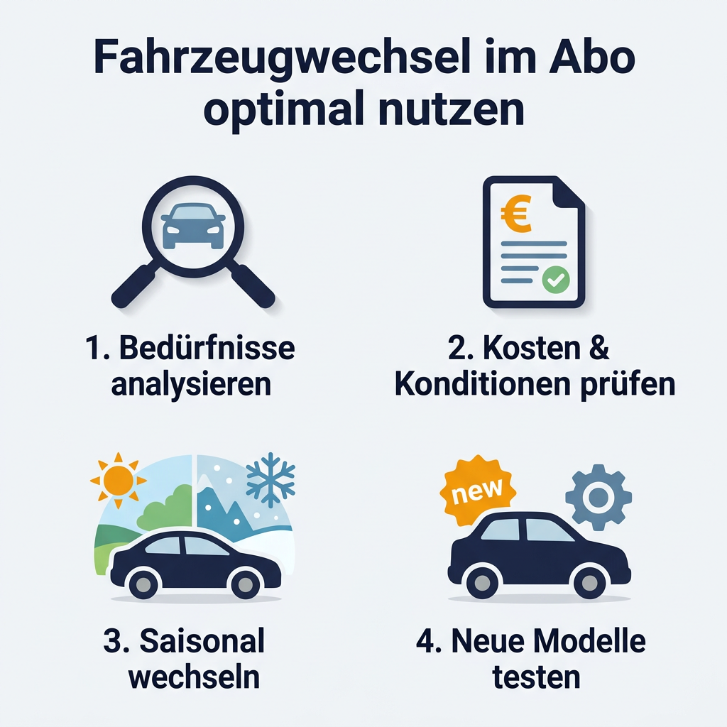 Infografik zum optimalen Nutzen des Fahrzeugwechsels im Autoabo, mit Tipps zu Bedürfnissen, Kosten, saisonalem Wechsel und Testen neuer Modelle.