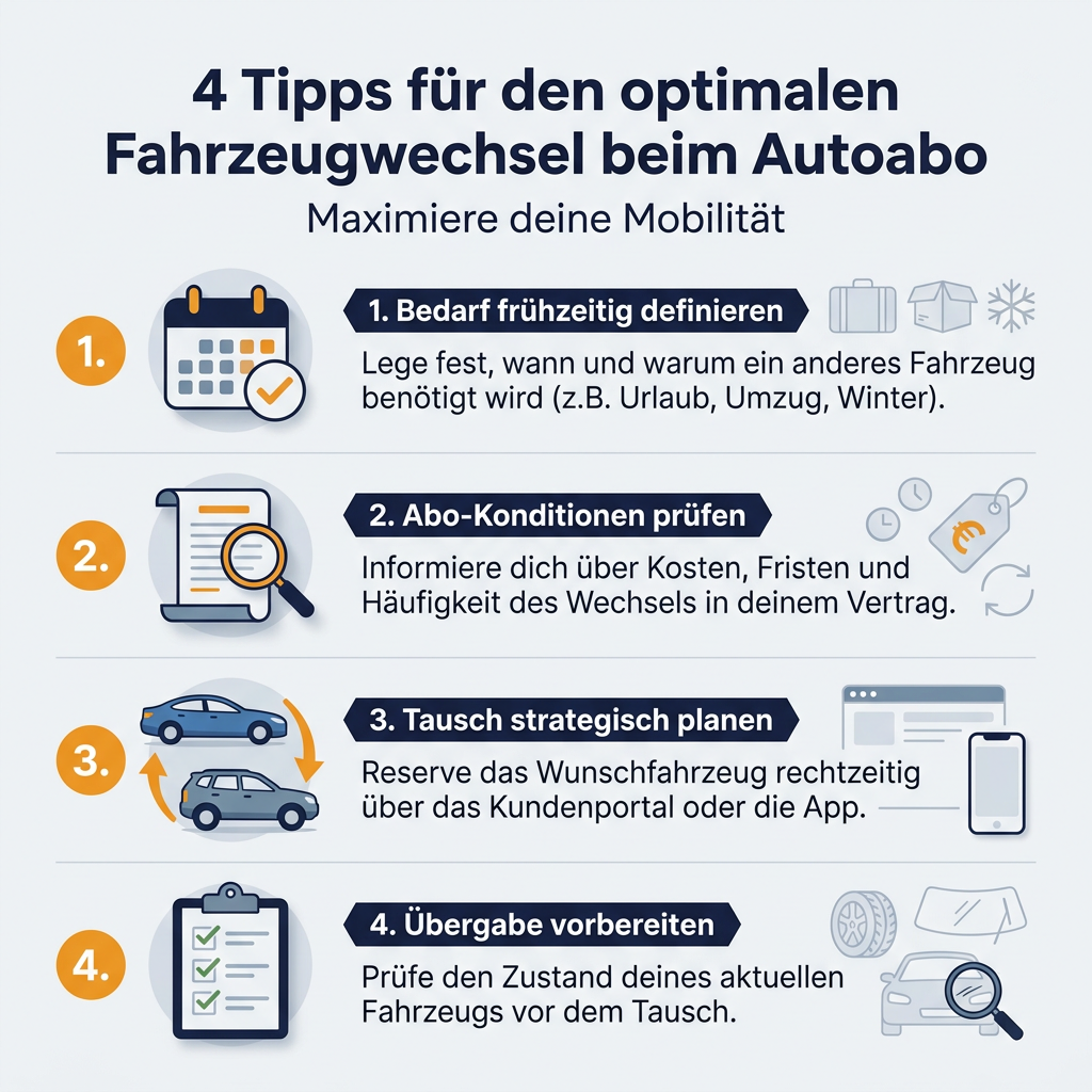 Infografik: Vier Tipps für den optimalen Fahrzeugwechsel im Autoabo, zur Maximierung der Mobilität und Nutzung der Flexibilität von Abonnements.