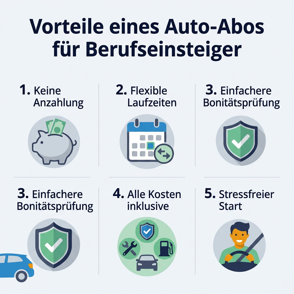 Infografik: Vorteile eines Auto-Abos für Berufseinsteiger mit Fokus auf keine Anzahlung, flexible Laufzeiten, einfachere Bonitätsprüfung, alle Kosten inklusive und stressfreier Start.