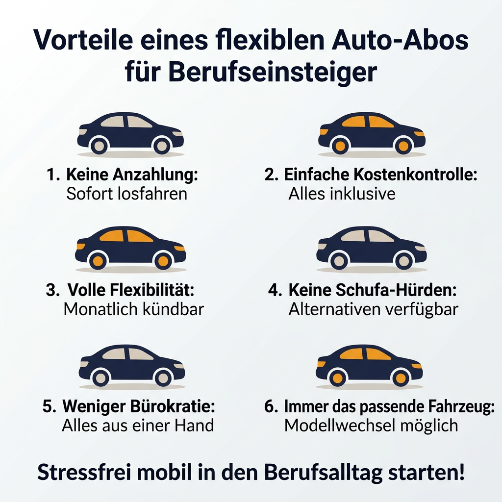 Infografik: Vorteile eines flexiblen Auto-Abos für Berufseinsteiger ohne Anzahlung und Schufa-Hürde