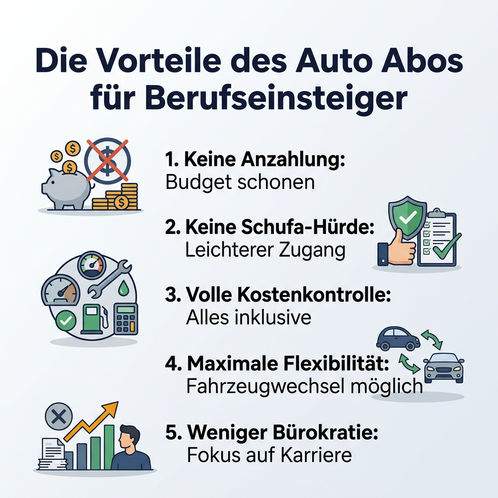 Infografik: Die Vorteile eines Auto Abos wie Sixt+ für Berufseinsteiger, einschließlich keiner Anzahlung, leichterem Zugang ohne Schufa und voller Kostenkontrolle.