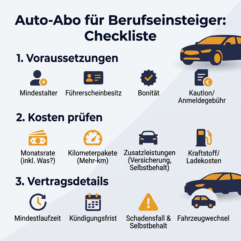 Checkliste Auto-Abo für Berufseinsteiger Infografik: Checkliste für Auto-Abo für Berufseinsteiger, inklusive Voraussetzungen, Kosten und Vertragsdetails wie Mindestalter, Bonität, Monatsrate und Kündigungsfrist.