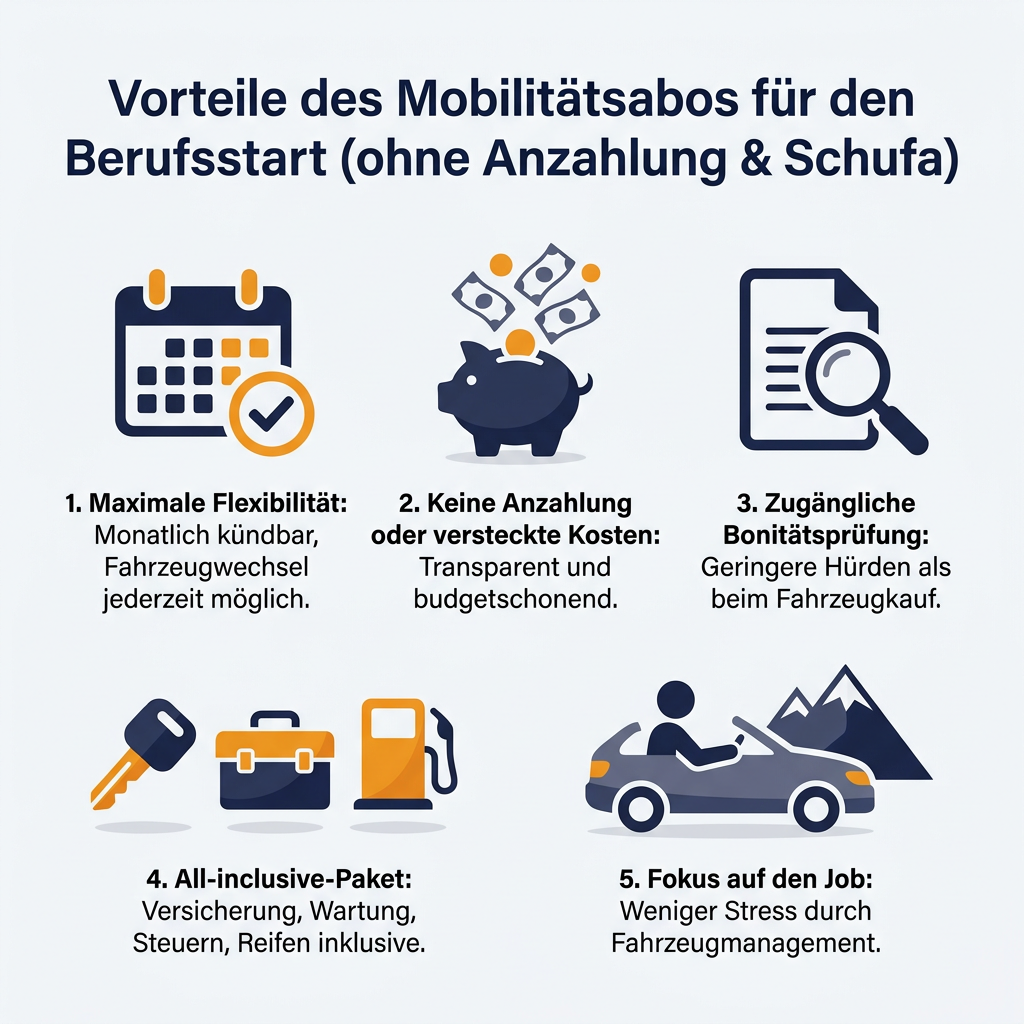 Vorteile des Auto Abos für den Berufsstart ohne Anzahlung und Schufa-Hürde Infografik: Vorteile eines Auto Abos für Berufseinsteiger, die unter anderem keine Anzahlung und eine weniger restriktive Schufa-Prüfung umfassen, wodurch flexible Mobilität ermöglicht wird.