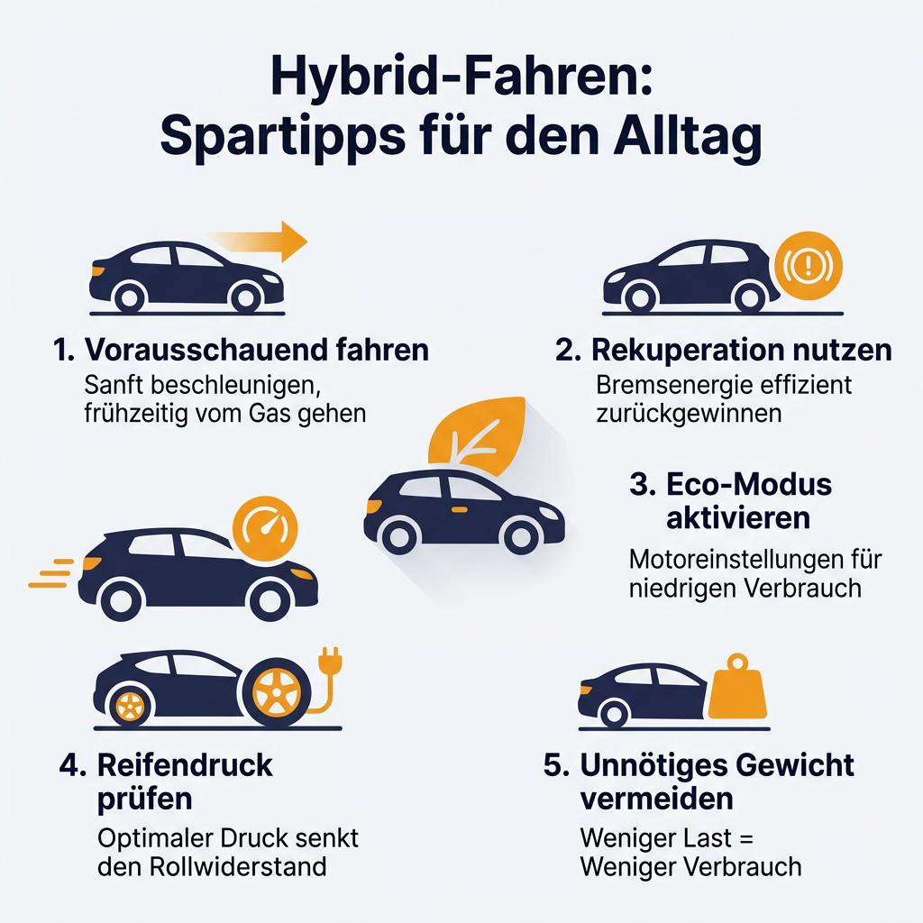 Infografik mit fünf Spartipps für den Alltag von Hybridfahrzeugen im Autoabo, die den Kraftstoffverbrauch optimieren und die Effizienz steigern.