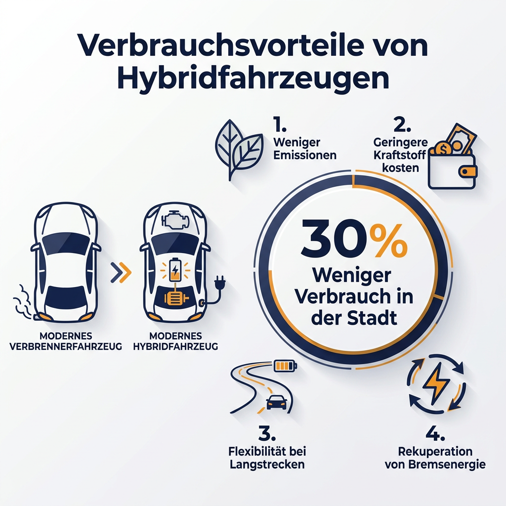 Infografik Verbrauchsvorteile Hybridfahrzeuge im Autoabo Infografik: Verbrauchsvorteile von Hybridfahrzeugen im Autoabo, mit Fokus auf geringere Emissionen und Kraftstoffkosten.