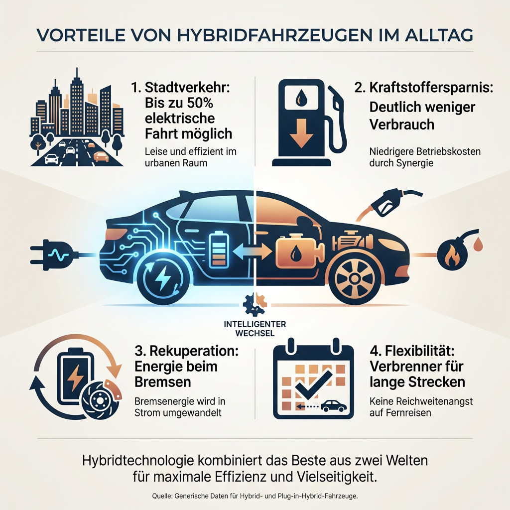 Infografik: Vorteile von Hybridfahrzeugen im Autoabo, Verbrauchsvorteile, Rekuperation und Flexibilität dargestellt.