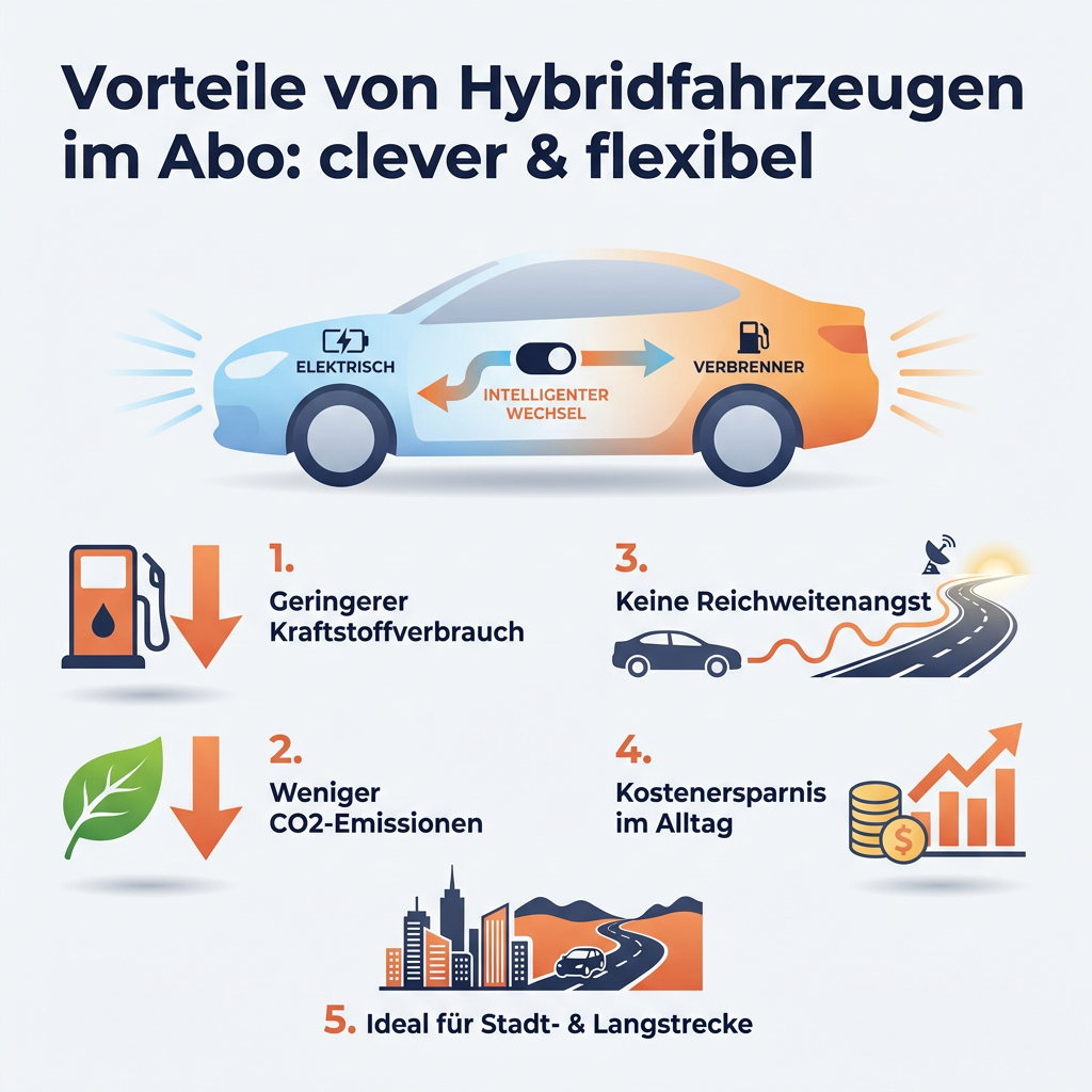 Infografik: Vorteile von Hybridfahrzeugen im Autoabo, mit Symbolen für geringeren Verbrauch, weniger Emissionen, keine Reichweitenangst und Kosteneinsparungen.