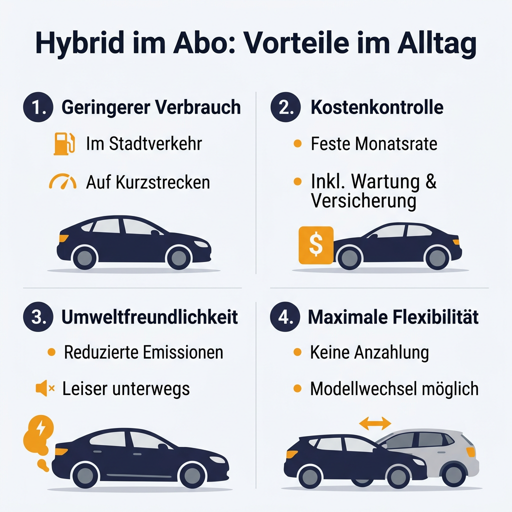 Infografik: Vorteile von Hybridfahrzeugen im Autoabo, Fokus auf Verbrauch, Kosten, Umweltfreundlichkeit und Flexibilität