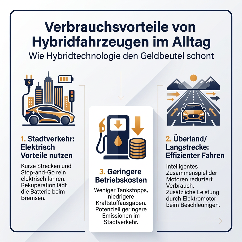 Infografik: Verbrauchsvorteile von Hybridfahrzeugen im Alltag mit Fokus auf Stadtverkehr, Langstrecke und reduzierte Betriebskosten durch Autoabo.