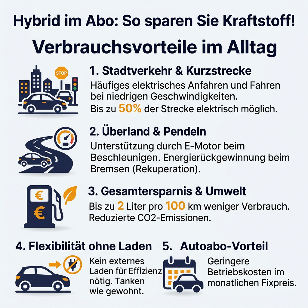 Infografik: Hybridfahrzeuge im Autoabo bieten im Alltag erhebliche Verbrauchsvorteile durch elektrisches Fahren in der Stadt und Energierückgewinnung.