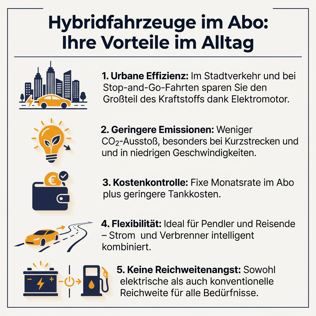 Infografik: Vorteile von Hybridfahrzeugen im Autoabo, inklusive Kosteneinsparungen und Flexibilität für den Alltag, Urbane Effizienz, Geringere Emissionen, Kostenkontrolle, Flexibilität, Keine Reichweitenangst