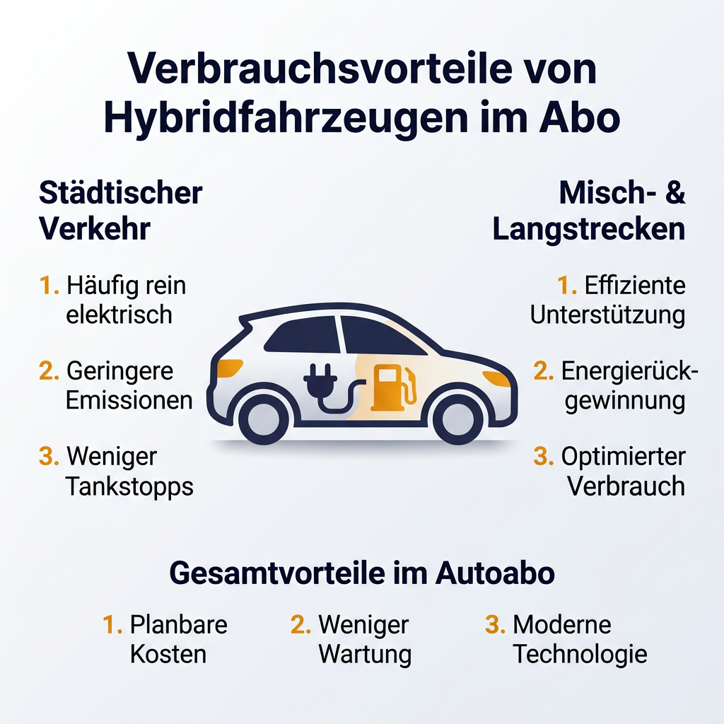 Verbrauchsvorteile von Hybridfahrzeugen im Autoabo Infografik: Verbrauchsvorteile von Hybridfahrzeugen im Autoabo, mit Fokus auf Effizienz im Stadtverkehr und auf Langstrecken sowie den Gesamtvorteilen des Autoabos.