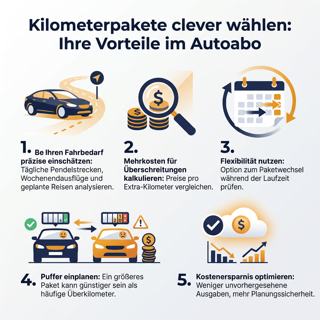 Infografik: Optimale Wahl der Kilometerpakete für Autoabo-Nutzer, zeigt Tipps zur Kostenersparnis und Flexibilität bei Kilometerpaketen von Sixt+