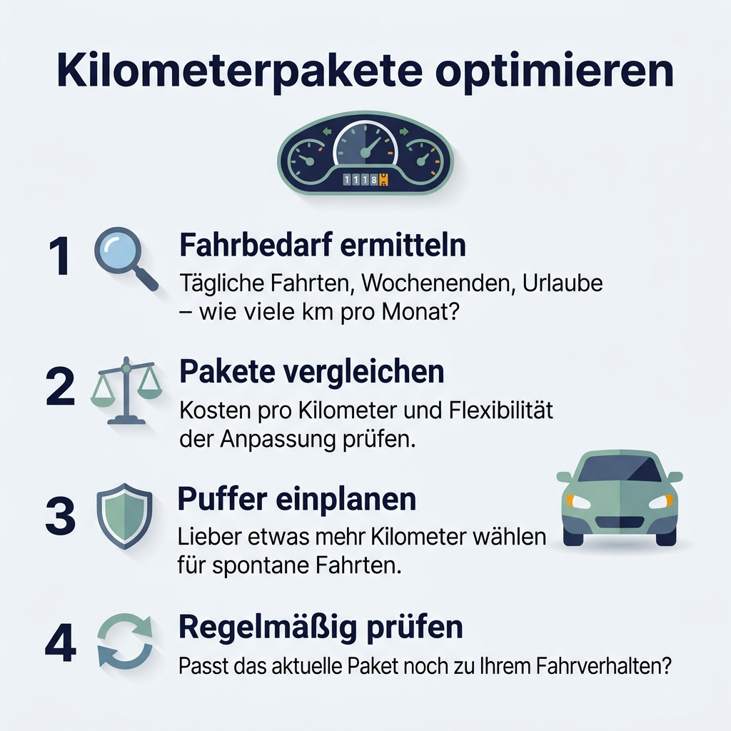Infografik zur Optimierung von Kilometerpaketen für Autoabos, mit Tipps für Vielfahrer zur Kostenkontrolle und Flexibilität.