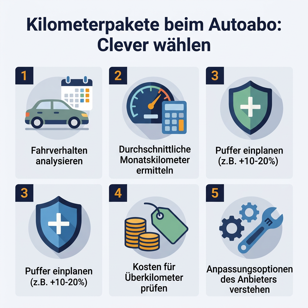 Infografik: Tipps zur cleveren Auswahl von Kilometerpaketen bei Autoabos für Vielfahrer, Kostenkontrolle und Flexibilität