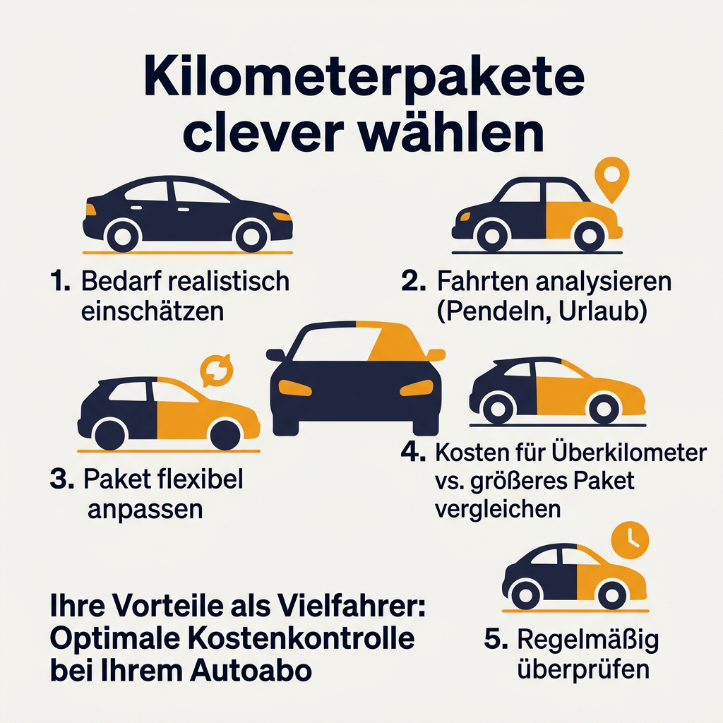 Infografik zur cleveren Auswahl von Sixt+ Kilometerpaketen für Vielfahrer, mit Tipps zur Kostenkontrolle beim Autoabo
