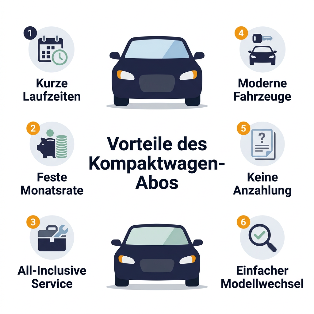 Infografik über die Vorteile eines Kompaktwagen-Abos mit Flexibilität, festen Raten, All-Inclusive-Service, modernen Fahrzeugen und einfachem Modellwechsel