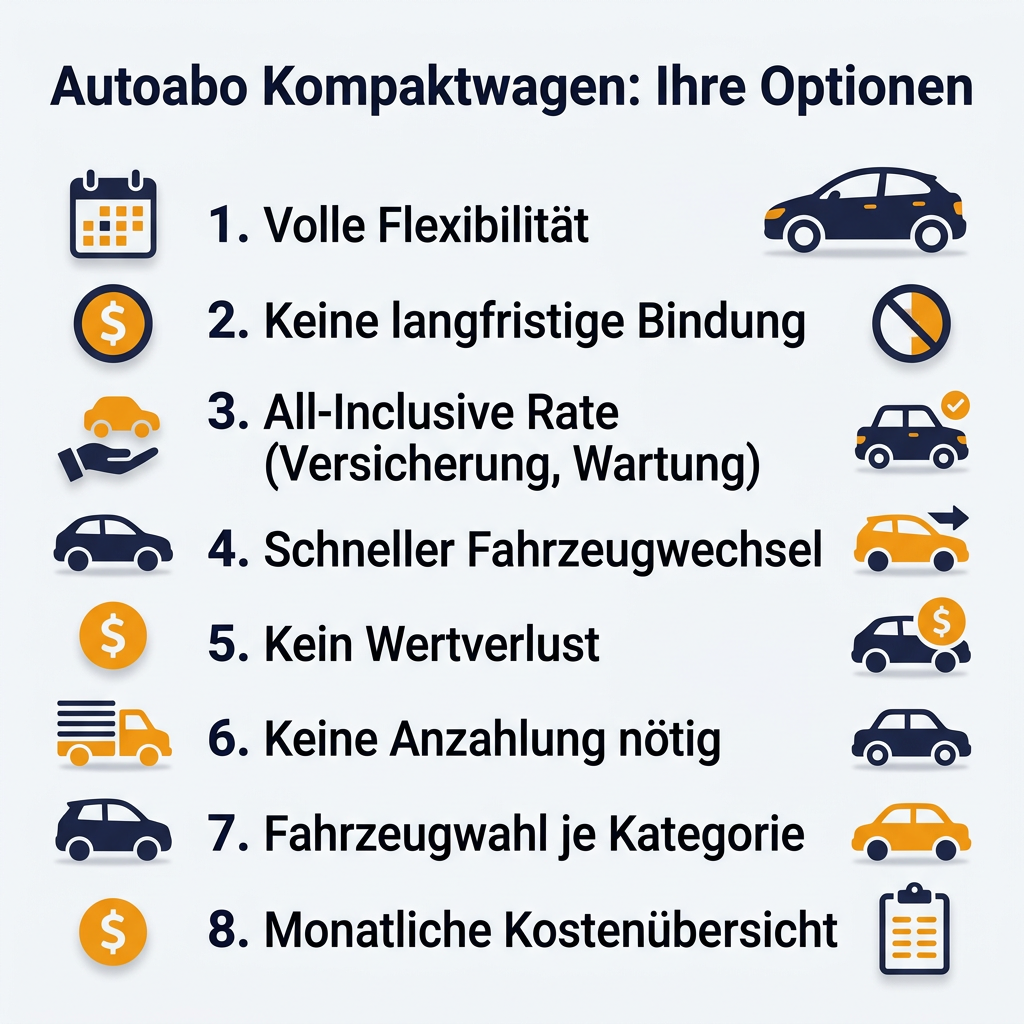 Autoabo Kompaktwagen: Vergleich und Vorteile Infografik über die Vorteile und Optionen eines Autoabos für Kompaktwagen, inklusive Aspekten wie Flexibilität, All-Inclusive-Raten und Fahrzeugwechsel.