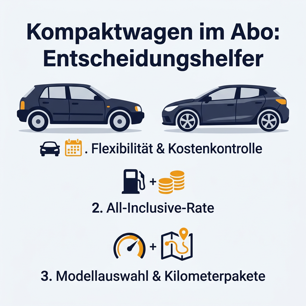 Kompaktwagen im Abo: Entscheidungshelfer Infografik zum Vergleich von Kompaktwagen im Autoabo, mit Fokus auf Flexibilität, All-Inclusive-Rate und Modellauswahl sowie Kilometerpaketen.