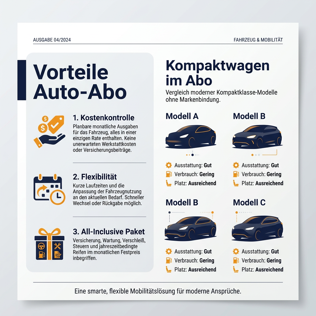 Infografik: Vergleich der Vorteile eines Auto-Abos für Kompaktwagen, inklusive Kostenkontrolle und All-Inclusive-Paket sowie beispielhafte Modelleigenschaften wie Ausstattung und Verbrauch.