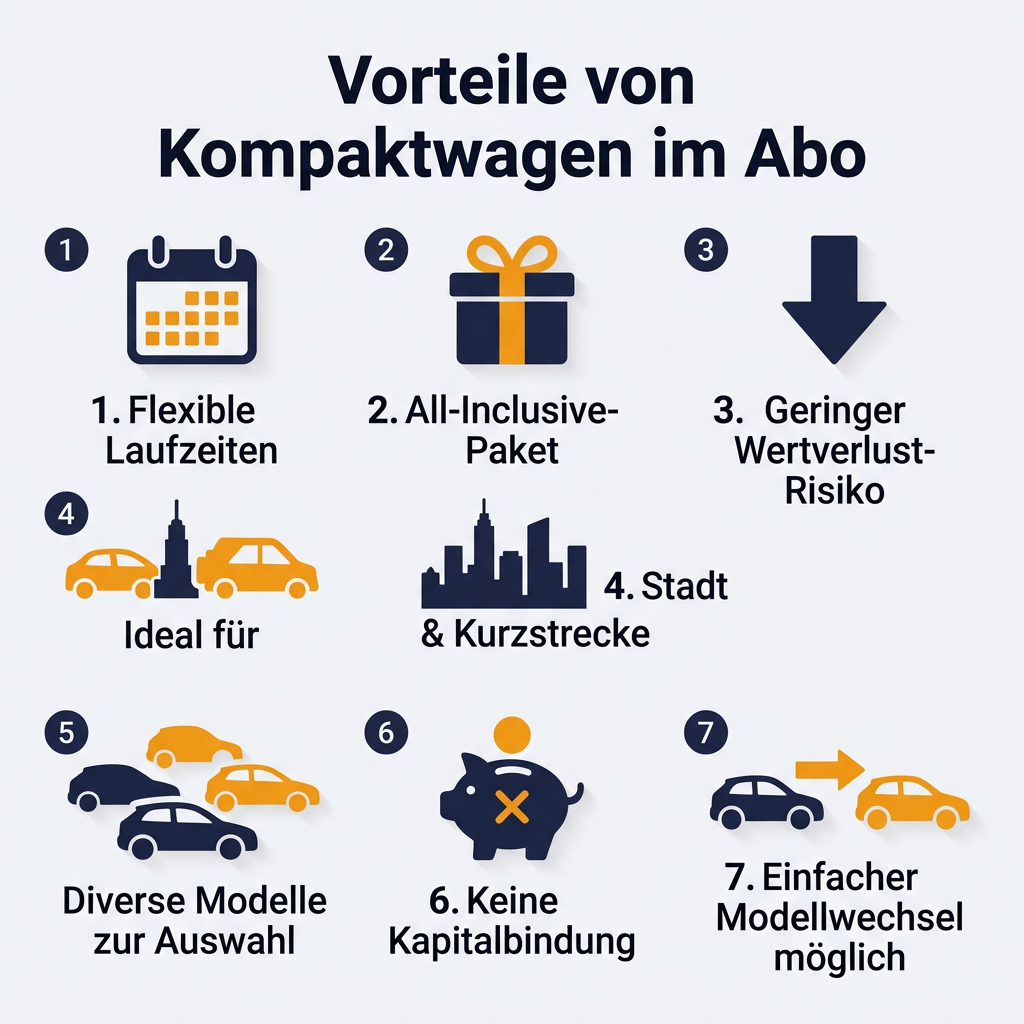 Infografik: Vorteile von Kompaktwagen im Autoabo, darunter flexible Laufzeiten, All-Inclusive-Paket und kein Wertverlust-Risiko