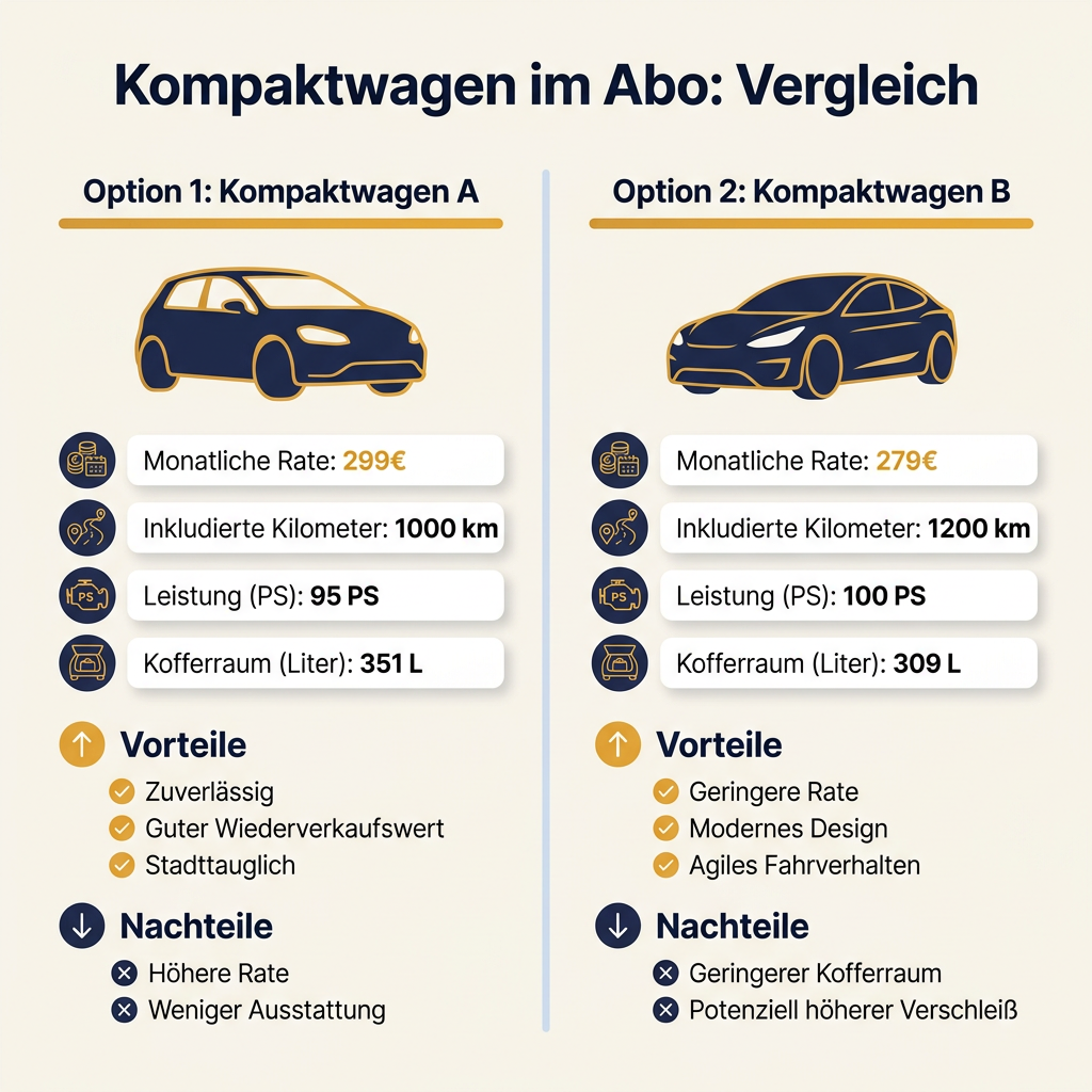 Infografik Vergleich Auto Abo Kompaktwagen, Kosten, Leistung, Kofferraum, Vorteile, Nachteile