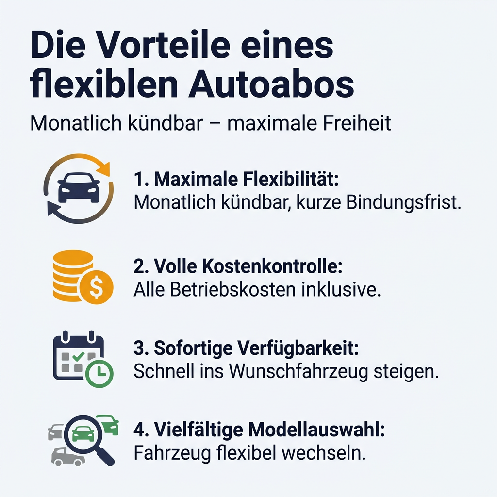 Infografik: Die Vorteile eines flexiblen Autoabos mit Mini-Laufzeit, inklusive maximaler Flexibilität, voller Kostenkontrolle, sofortiger Verfügbarkeit und vielfältiger Modellauswahl.