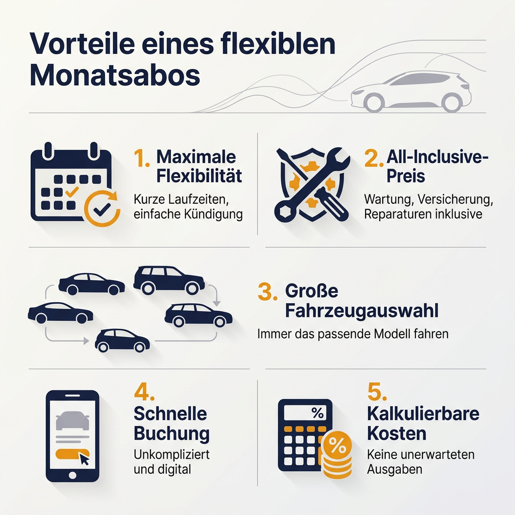 Infografik: Vorteile eines flexiblen Auto-Monatsabos mit kurzer Laufzeit und All-Inclusive-Leistungen.