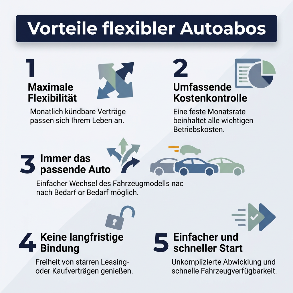 Infografik: Vorteile flexibler Autoabos mit monatlicher Kündbarkeit und Kostenkontrolle.