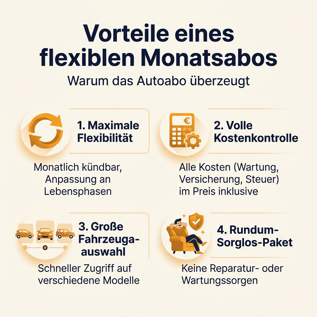 Infografik: Die Vorteile eines flexiblen Autoabos mit kurzer Laufzeit, inklusive Kostenkontrolle und großer Fahrzeugauswahl.