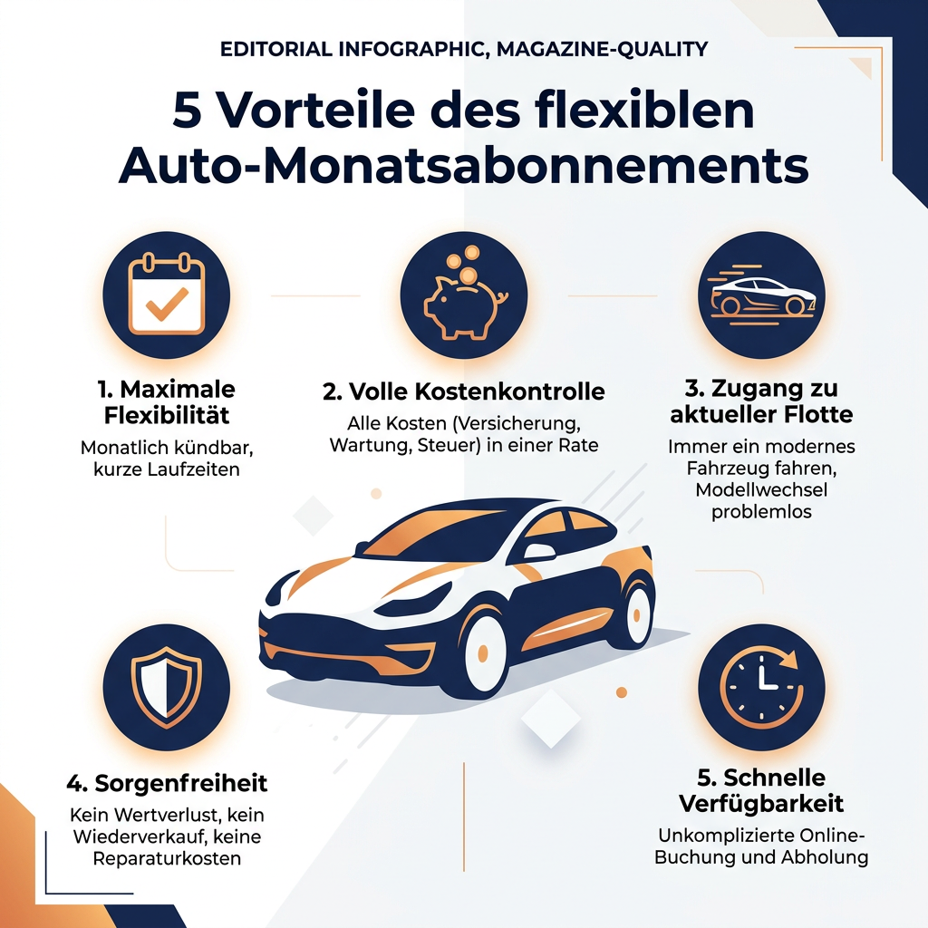 Infografik: 5 Vorteile eines flexiblen Auto-Monatsabos mit maximaler Flexibilität, voller Kostenkontrolle, Zugang zu aktueller Flotte, Sorgenfreiheit und schneller Verfügbarkeit.