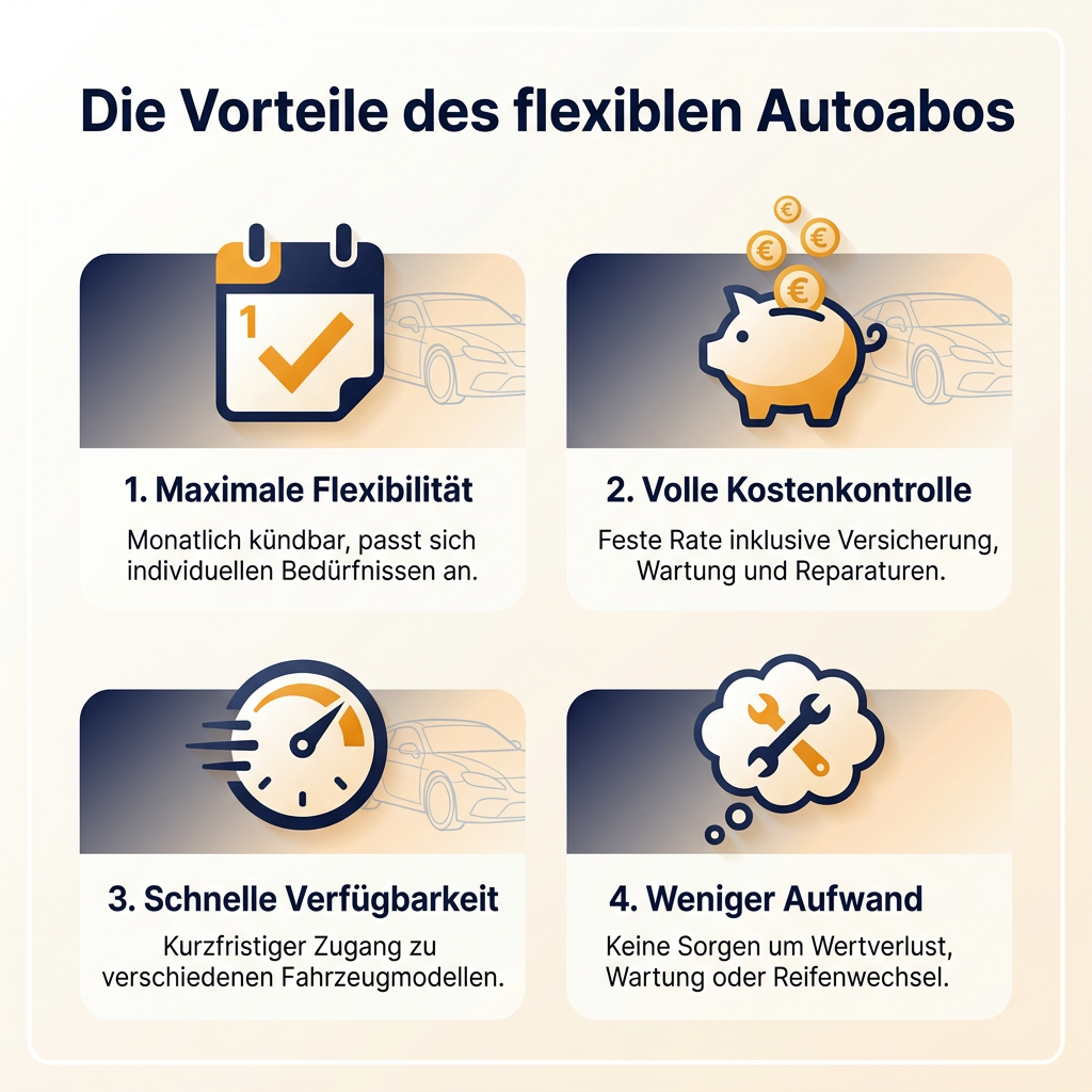Infografik über die Vorteile eines flexiblen Autoabos mit kurzer Laufzeit, inklusive Kostenkontrolle und schneller Verfügbarkeit.