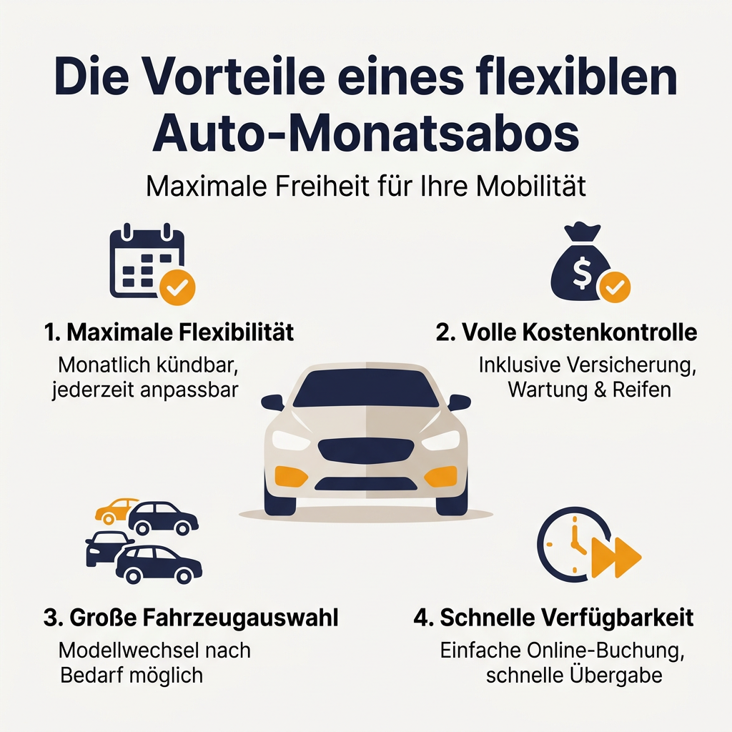 Infografik zu den Vorteilen eines flexiblen Auto-Monatsabos mit kurzer Laufzeit, darunter maximale Flexibilität, volle Kostenkontrolle, große Fahrzeugauswahl und schnelle Verfügbarkeit.