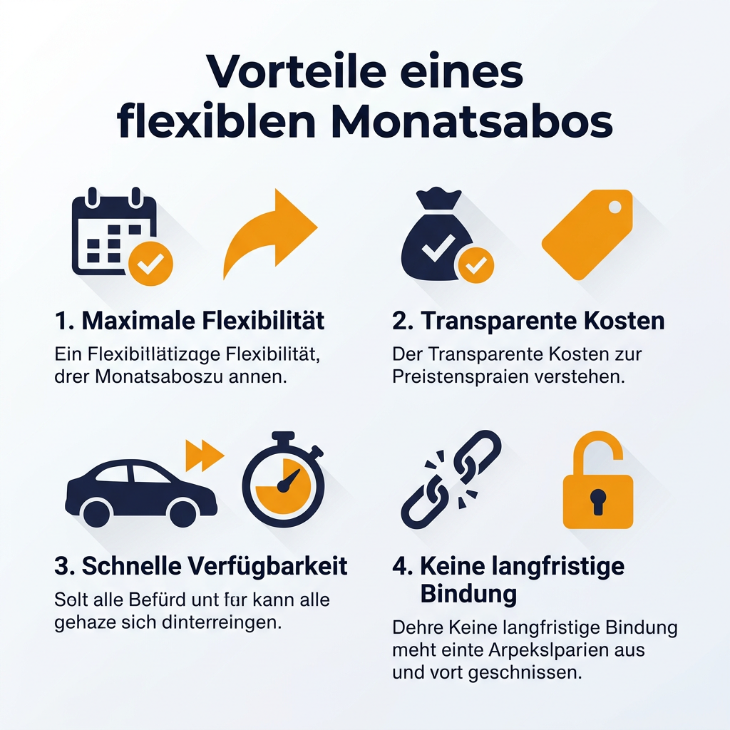Infografik: Vorteile eines flexiblen Autoabos mit monatlicher Kündbarkeit und Kostenkontrolle.